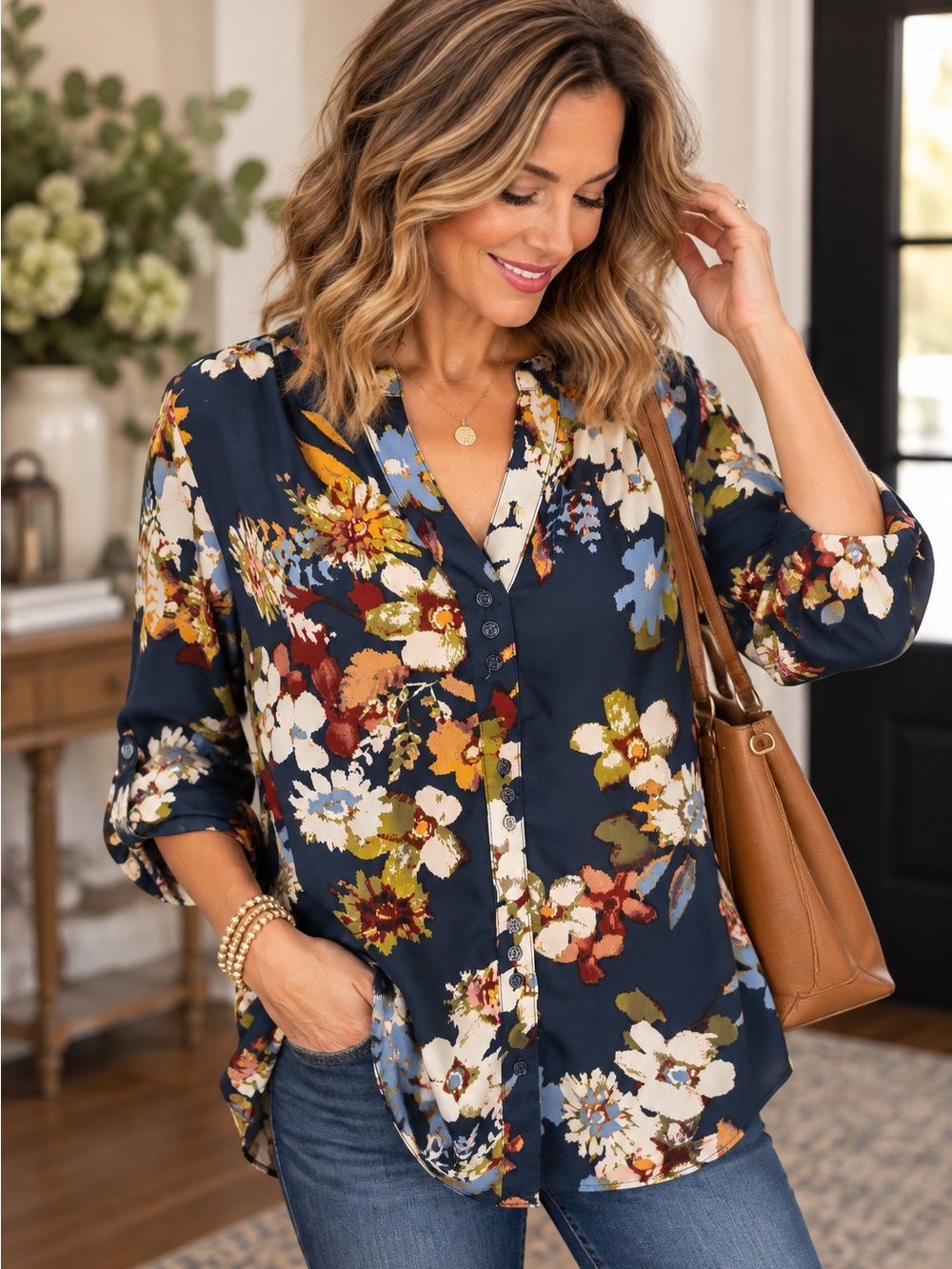 Zac & Rachel Navy Multicolor Floral Button-Front Shirt
